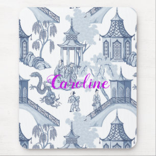 Tapis De Souris Motif Chinoiserie bleu et blanc avec Monogramme