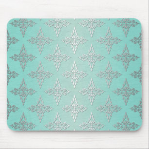 Tapis De Souris Motif damassé Aqua sarcelle et blanc argenté