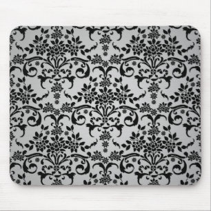 Tapis De Souris Motif damassé floral blanc et argenté noir