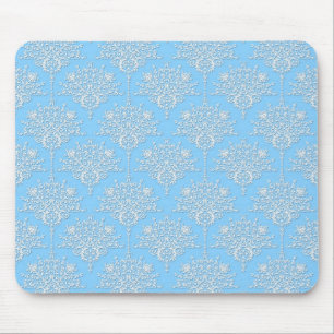 Tapis De Souris Motif damassé floral bleu pâle et blanc