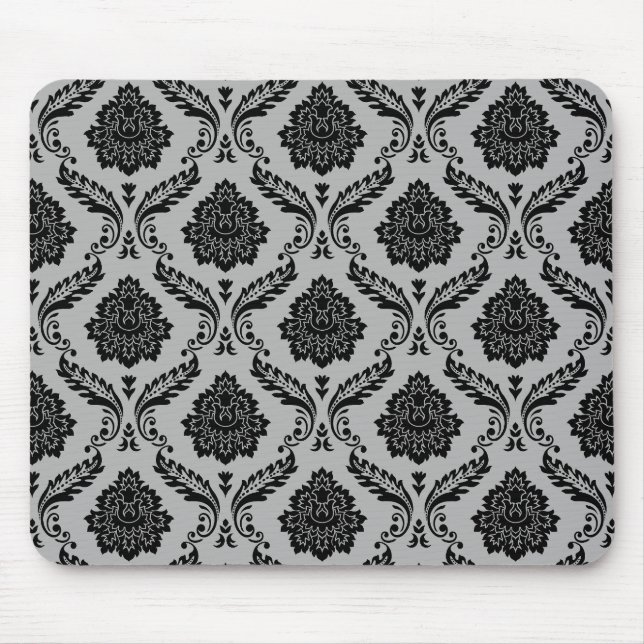 Tapis De Souris Motif Damassé Rococo Noir sur Gris (Devant)