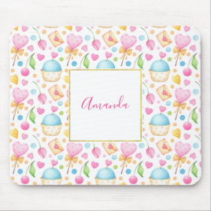 Tapis De Souris Motif d'aquarelle douce Coeurs et Cupcakes