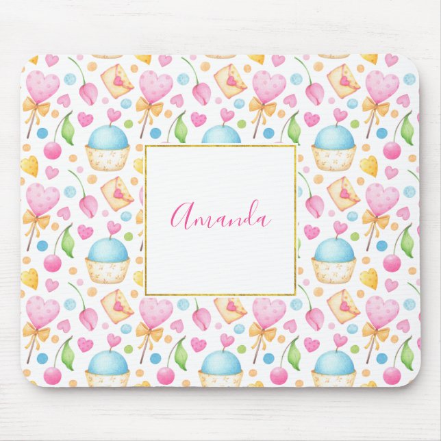 Tapis De Souris Motif d'aquarelle douce Coeurs et Cupcakes (Devant)