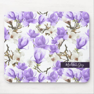 Tapis De Souris Motif d'aquarelle magnolia en fleurs violettes et 