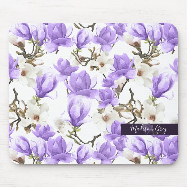 Tapis De Souris Motif d'aquarelle violet et blanc Magnolia Blossom (Devant)