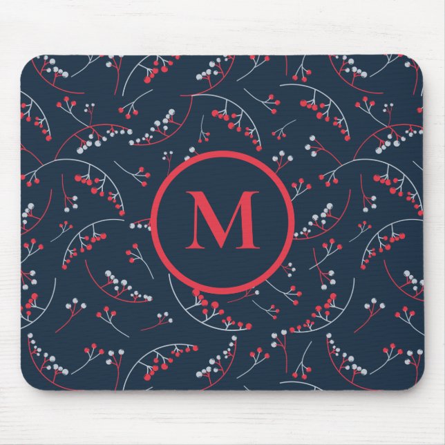 Tapis De Souris Motif de baies bleu marine rouge élégant monogramm (Devant)