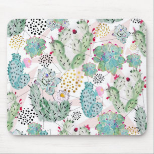 Tapis De Souris motif de cactus et triangles aquarelle