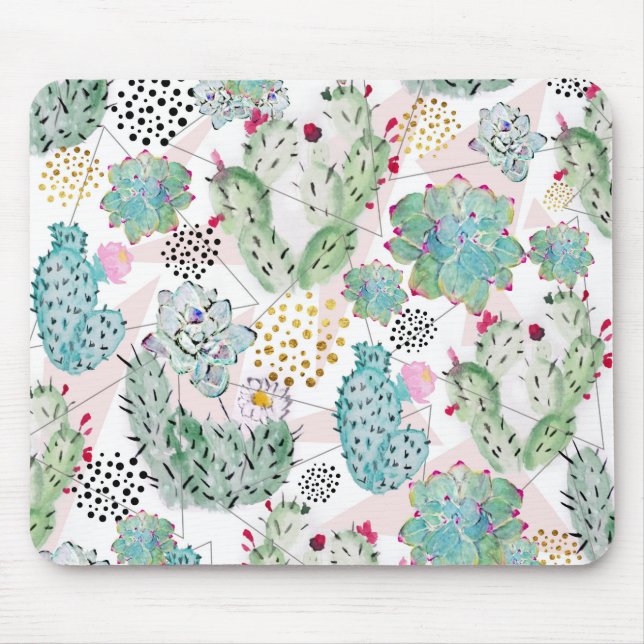 Tapis De Souris motif de cactus et triangles aquarelle (Devant)