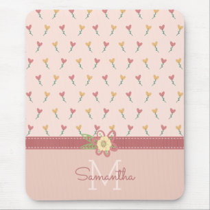 Tapis De Souris Motif de cœur fleuri pastel féminin & monogramme