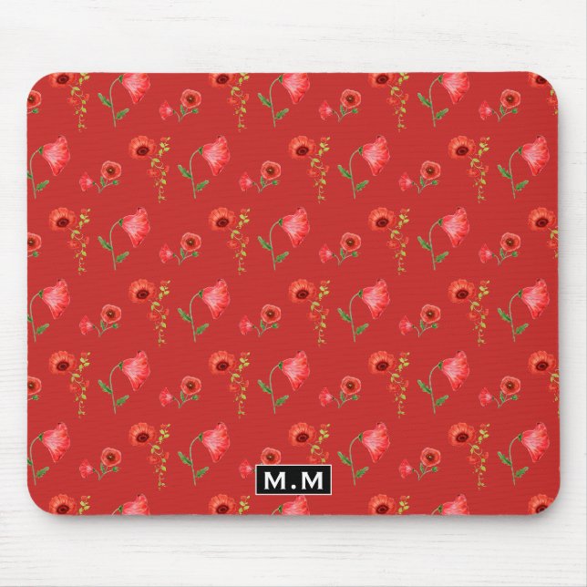 Tapis De Souris Motif de coquelicots rouges jolis monogramme (Devant)