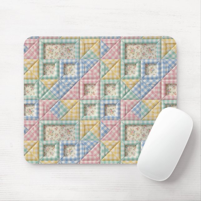 Tapis De Souris Motif de courtepointe en patchwork gingham (Avec souris)
