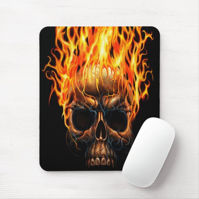 Tapis De Souris Motif de crâne gothique avec flammes jaunes orange (Avec souris)
