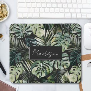 Tapis De Souris Motif de feuilles de forêt tropicale verte aquarel
