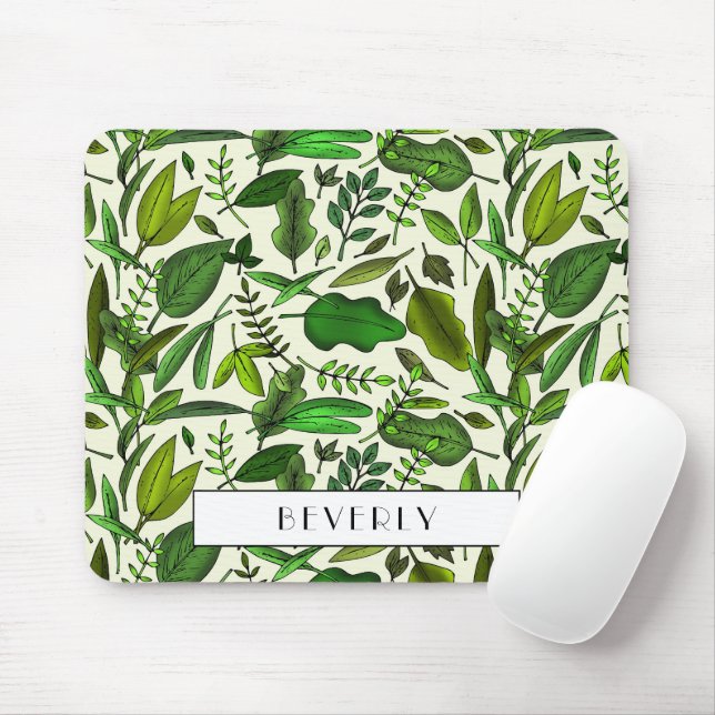 Tapis De Souris Motif de feuilles vertes botaniques Monogramme (Avec souris)