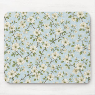 Tapis De Souris Motif de fleur de cornouiller du Sud sur fond bleu