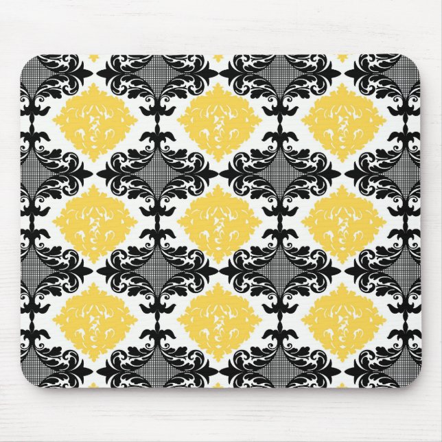 Tapis De Souris Motif de fleur girly floral de damassé jaune et (Devant)