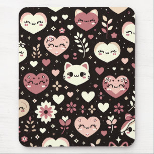 Tapis De Souris Motif de fleurs et de cœurs de chats Kawaii pour l