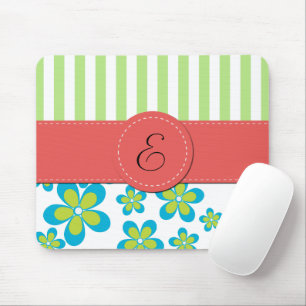 Tapis De Souris Motif De Fleurs, Grandes Vertes, Monogramme