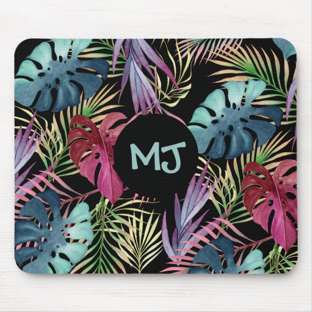 Tapis De Souris Motif de la jungle tropicale Feuille avec Monogram (Devant)
