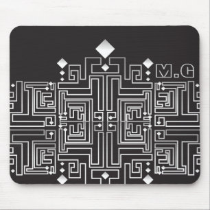 Tapis De Souris Motif de labyrinthe noir et blanc monogrammé