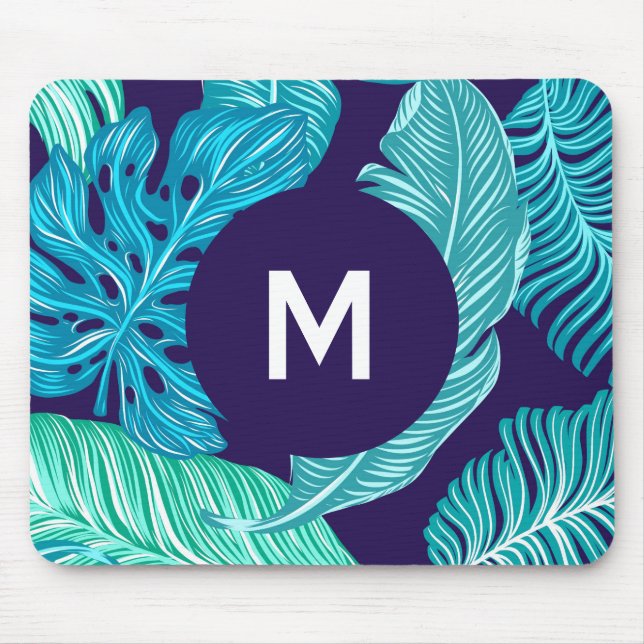 Tapis De Souris Motif de monogramme de feuilles vert bleu tropical (Devant)