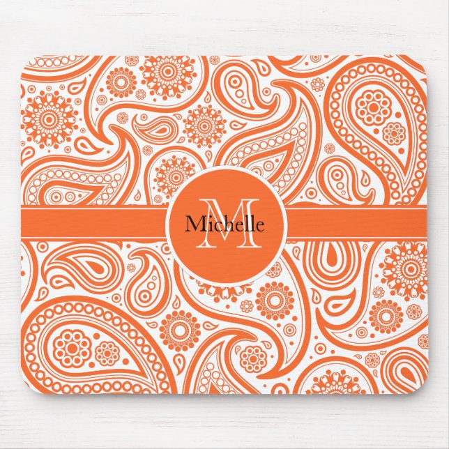 Tapis De Souris Motif de monogramme de Paisley Floral Orange (Devant)