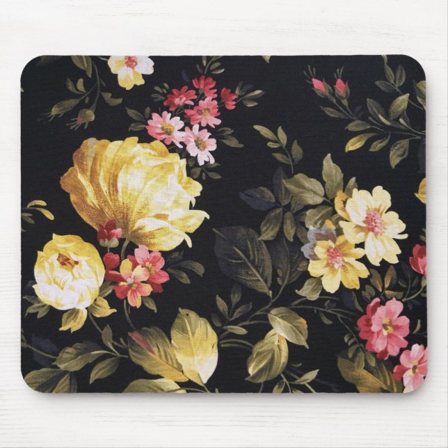 Tapis De Souris motif de pivoine jaune sur noir (Devant)