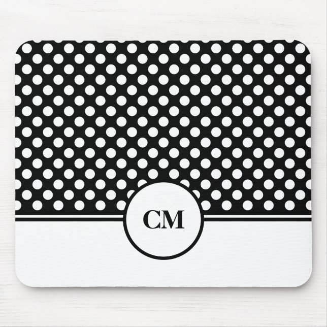 Tapis De Souris Motif de point de Polka noir et blanc Monogramme (Devant)