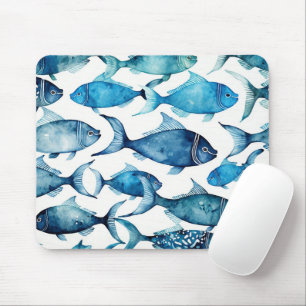 Tapis De Souris Motif de poisson marine bleu aquarelle. Animal mar