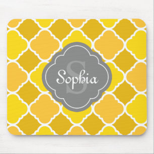 Tapis De Souris Motif de Quatrefoil jaune avec Monogramme gris
