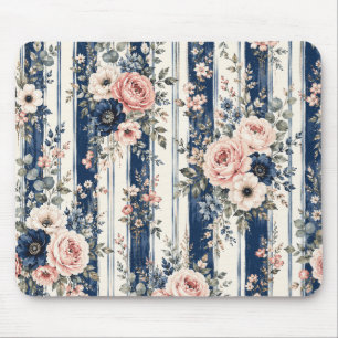 Tapis De Souris Motif de rayure florale marine à l'aquarelle