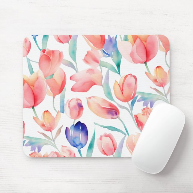 Tapis De Souris Motif de tulipes d'aquarelle Mousepad (Avec souris)