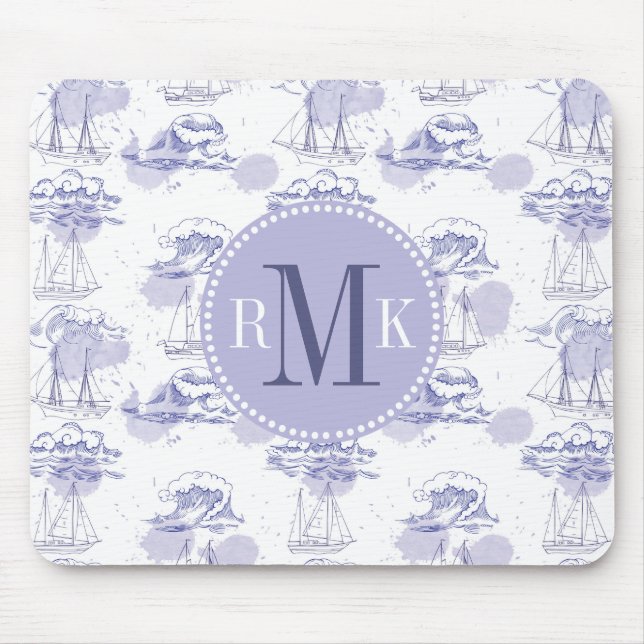 Tapis De Souris Motif de vagues et de bateaux d'aquarelle (Devant)