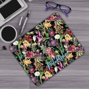 Tapis De Souris Motif Élégant de Fleurs Sauvages Botaniques Noires