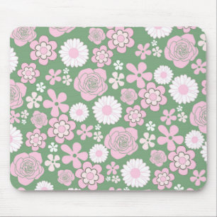 Tapis De Souris Motif Fleur Rétro Vert Rose Blanc Années 70 Y2K