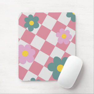 Tapis De Souris Motif floral à carreaux rose – Fleur mignonne rétr