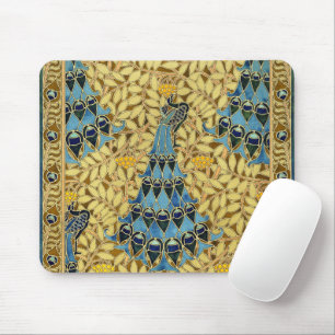 Tapis De Souris Motif floral au paon bleu Art nouveau vintage