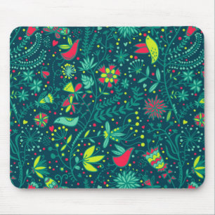 Tapis De Souris Motif floral avec des oiseaux de bande dessinée