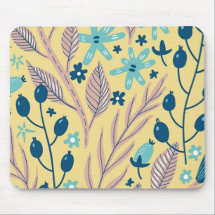 Tapis De Souris Motif floral bleu botanique moderne sur fond beige