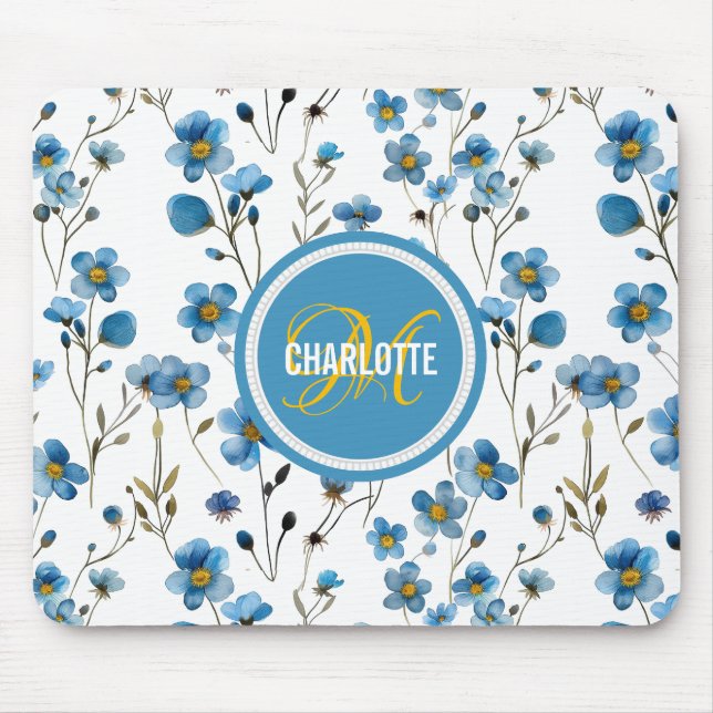 Tapis De Souris Motif floral bleu chic nom monogrammé (Devant)