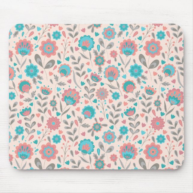 Tapis De Souris Motif floral d'art populaire turquoise et de (Devant)
