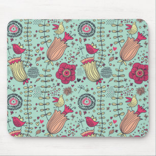 Tapis De Souris Motif floral de bande dessinée avec des oiseaux