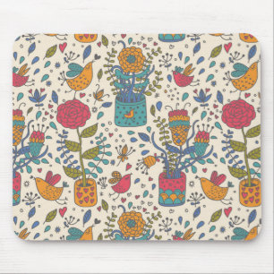Tapis De Souris Motif floral de bande dessinée avec les oiseaux 2