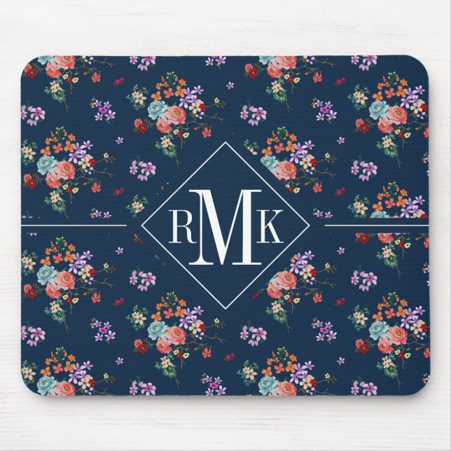 Tapis De Souris Motif floral de bouquet rose du monogramme | (Devant)
