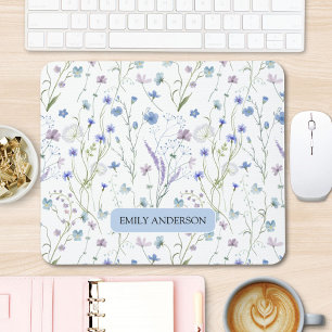 Tapis De Souris Motif floral de fleur sauvage bleu violet monogram