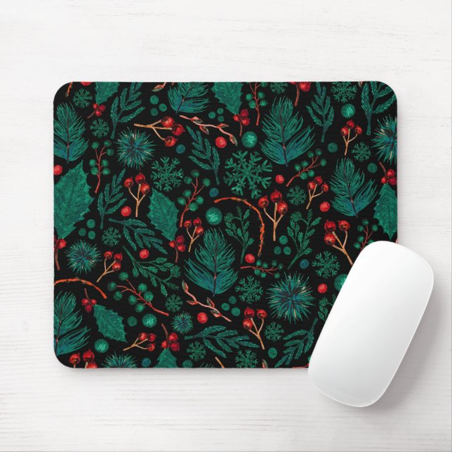 Tapis De Souris Motif floral de Noël aquarelle | Mousepad (Avec souris)