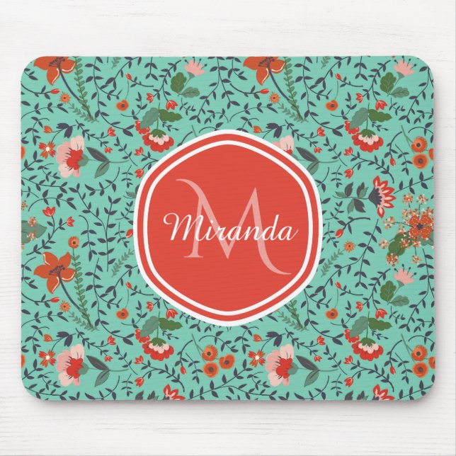 Tapis De Souris Motif floral en Monogramme Turquoise et orange et  (Devant)