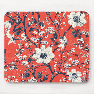 Tapis De Souris Motif floral hivernal indigo rouge sur neige