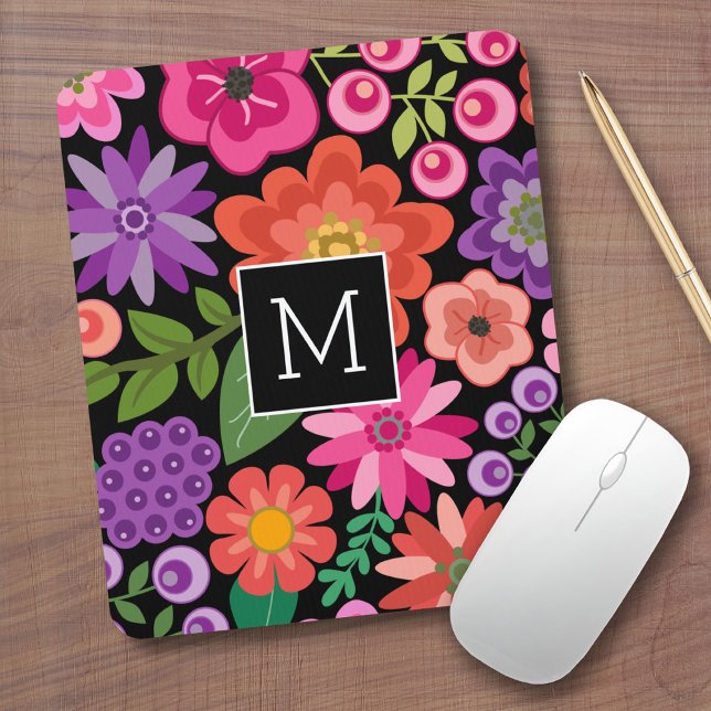 Tapis De Souris Motif floral noir tendance avec Monogramme personn (Custom Mouse Pad - Add Monogram to this colorful floral design)