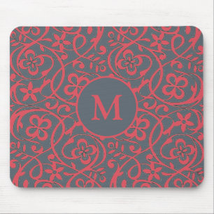 Tapis De Souris Motif floral orné en monogramme rose et gris